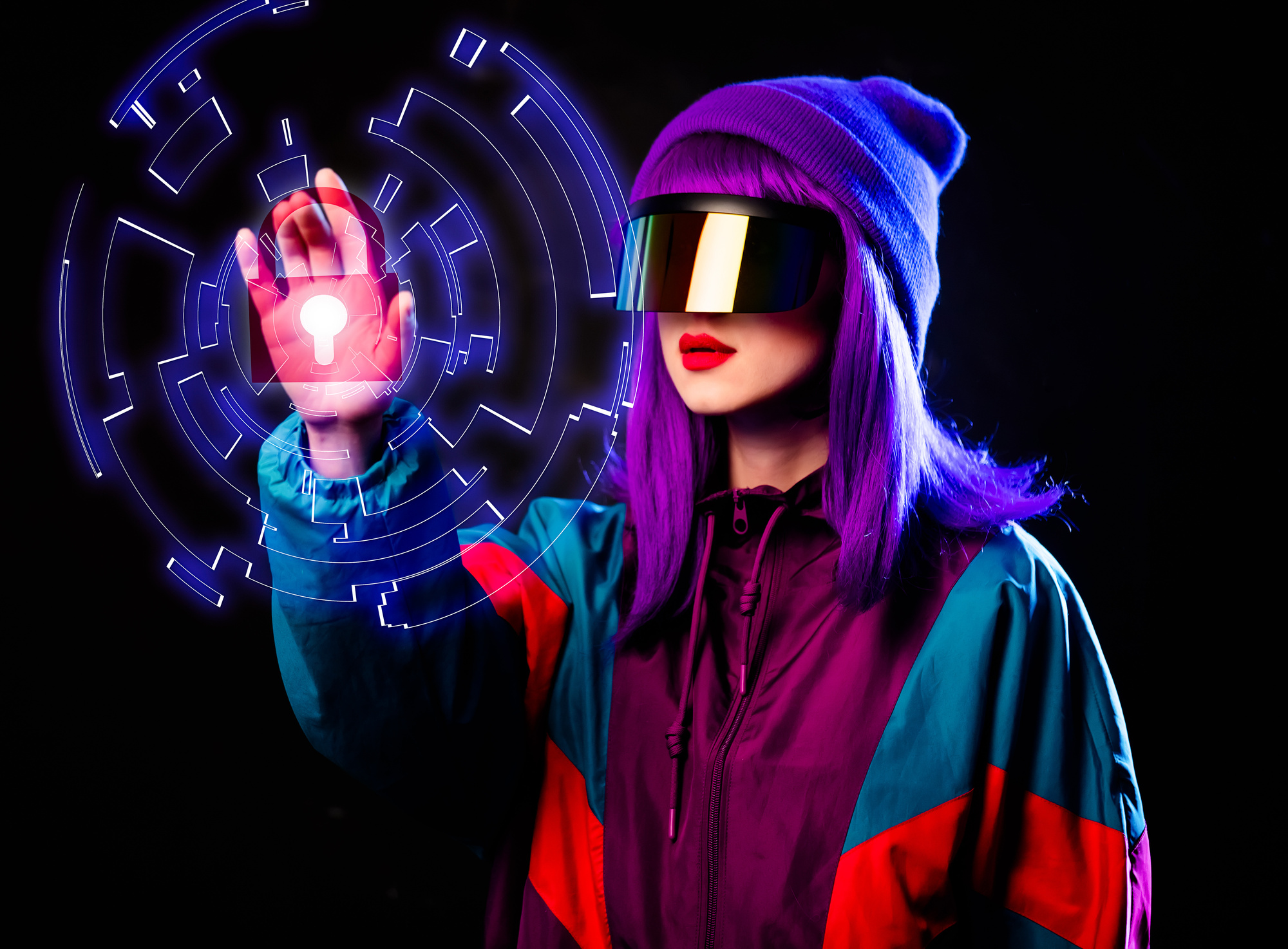Stylish Girl in Cyber Punk Glasses and 80S Tracksuit with 3D Sec